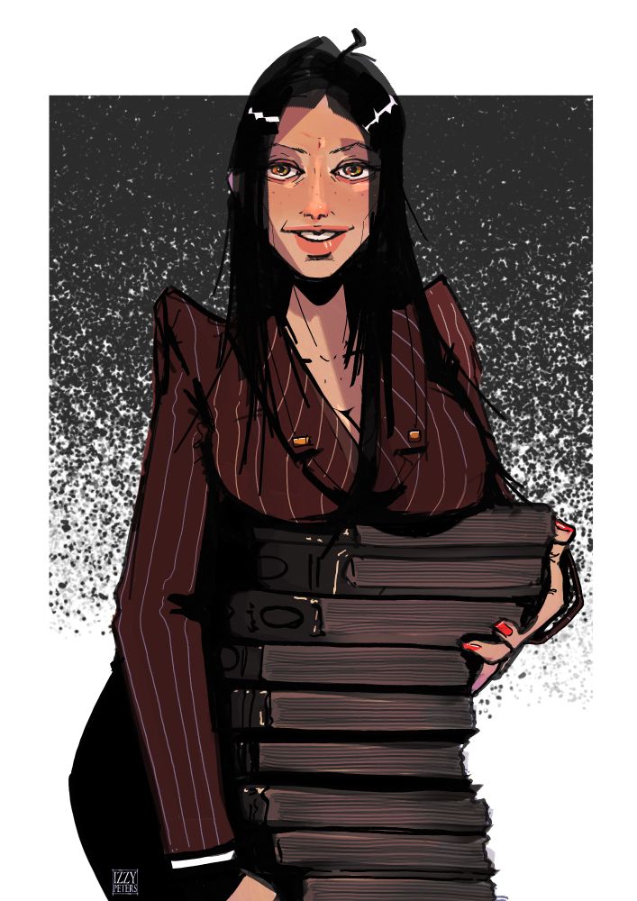 hot librarian with a stack of books and striped blazer