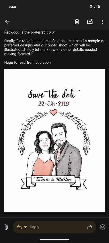 Screencap of an email involving a scammer named "Hilda genesisluxury" trying to commission wedding invitations 