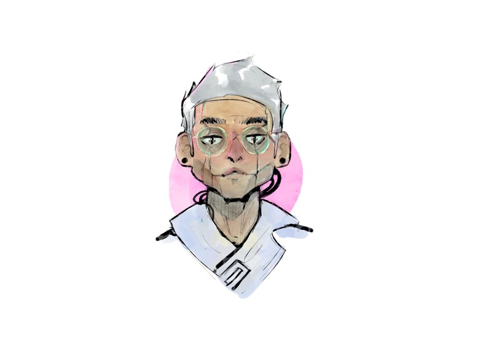 watercolor of a grey-haired man with clear-rimmed blue-lensed glasses, his face crisscrossed with the signs of cybernetic implants, wearing a white duster-like coat, buckled near the neck