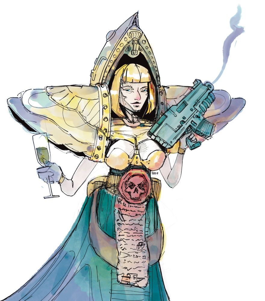 noblewoman in huge ceremonial armor and teal robe with big gun and champagne