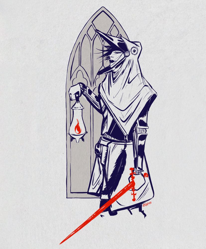 blue and red ink drawing of a woman knight with red sword and lantern, in front of a gothic window