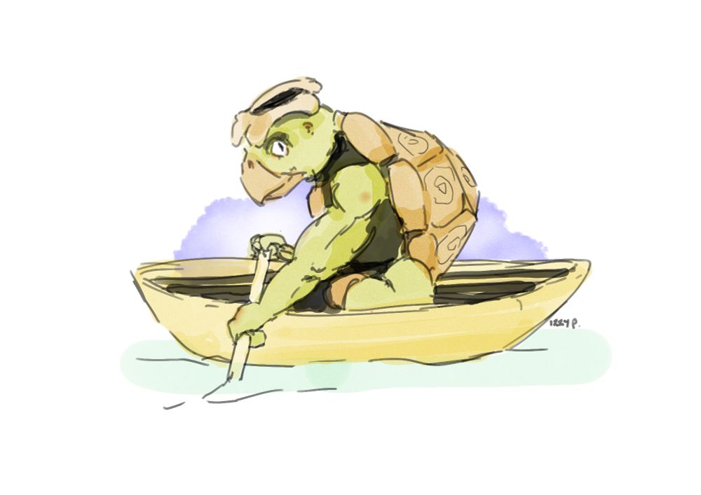 watercolor of a kappa rowing a small boat