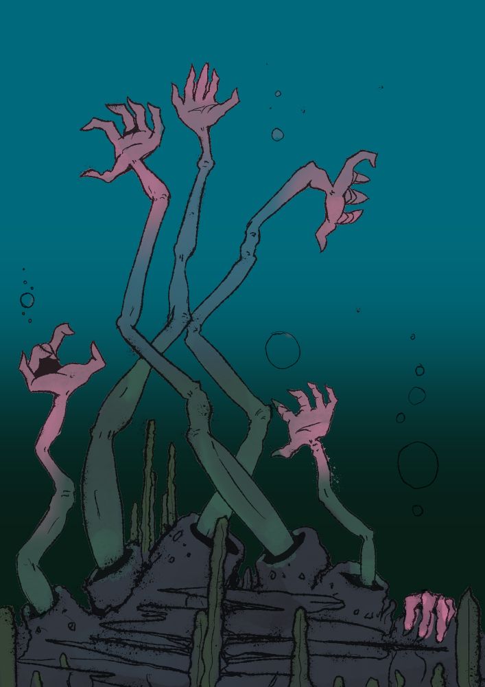 Long, many many jointed pinkish green arms, rising from strange tubules in the bottom of the ocean
