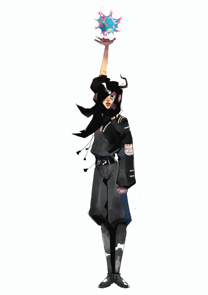 warlock with long silky hair in baggy black clothing casting a spell over her head