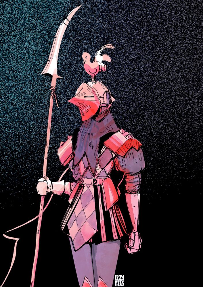 Knight in red plate with checkered surcoat, rooster crest helm, and glaive