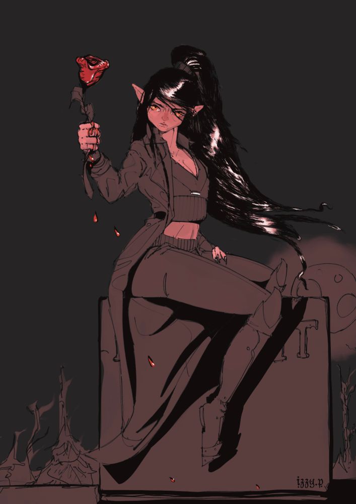 Vampire woman in armored boots, leather pants, a crop top, and overcoat, holding a rose. The paint is partially finished, only showing her skin to be red-pink, and the rose is red. Red blood drips down her hand and falls, blowing in the wind with her long black hair.