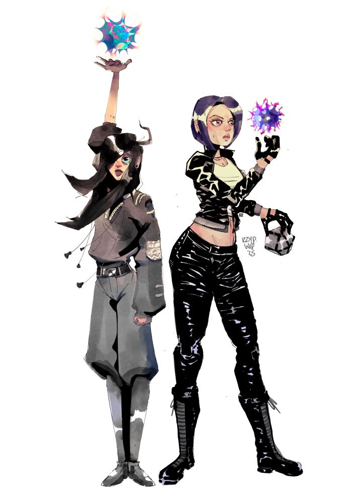 ink and watercolors of two characters: a very slight, very young woman in baggy grey pants, black leather boots, and vryshanka, with long, unkempt black hair. Beside her is a slightly older, athletic woman with short purple-black hair wearing black leathers and combat boots.. Each woman is conjuring a ball of purple-blue energy in one hand