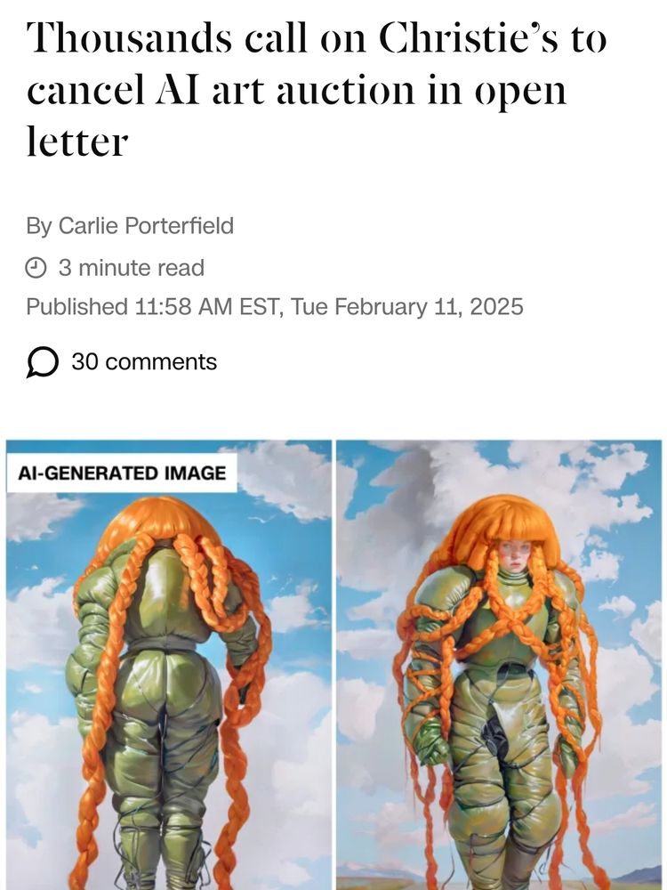 "thousands call on Christie's to cancel AI art auction in open letter"

Below, an image of a lumpy green figure with ropy red hair