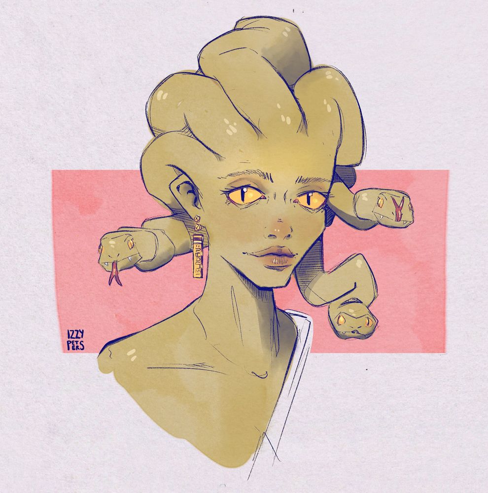 drawing of medusa's head in  pink and green