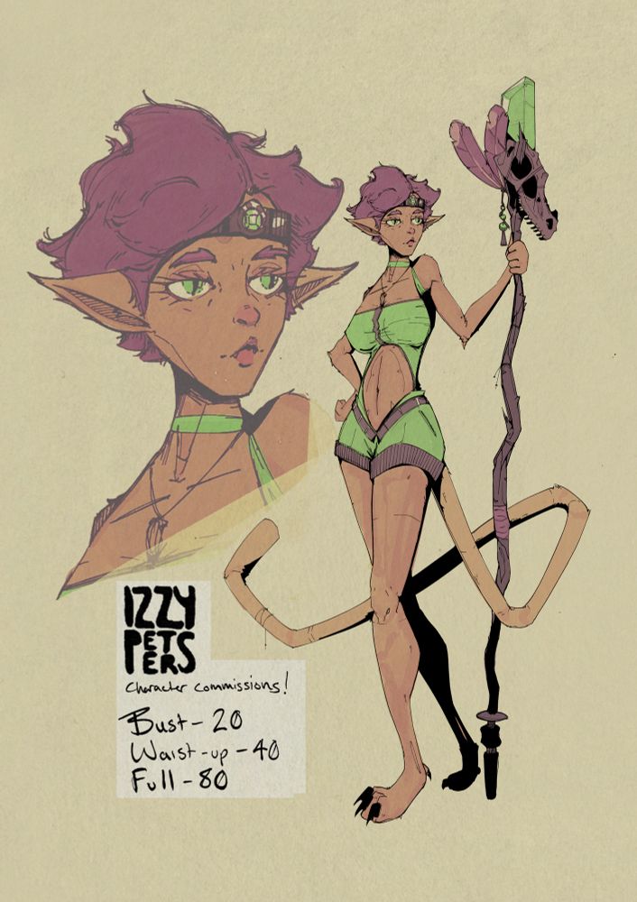 a drawing of a tall catgirl with tan fur, pink hair, green eyes and bodysuit, and a long staff topped with an emerald, a velociraptor skull, and feathers