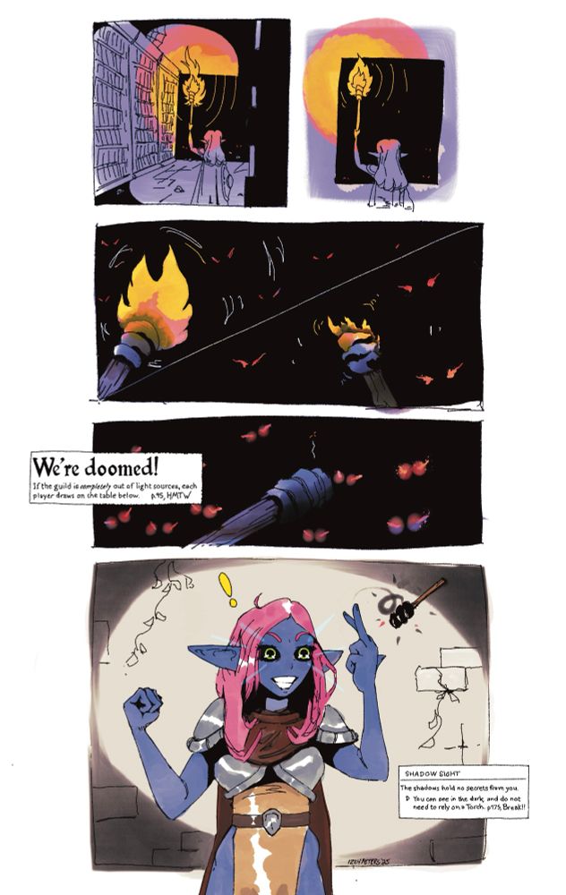 a comic featureing a blue skinned pink haired girl exploring a dungeon until her torch goes out, then using her darkvision