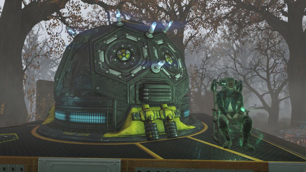 A glowing ghoul in a flannel shirt sits on a rocking chair next to a nuclear reactor. Trees loom overhead.