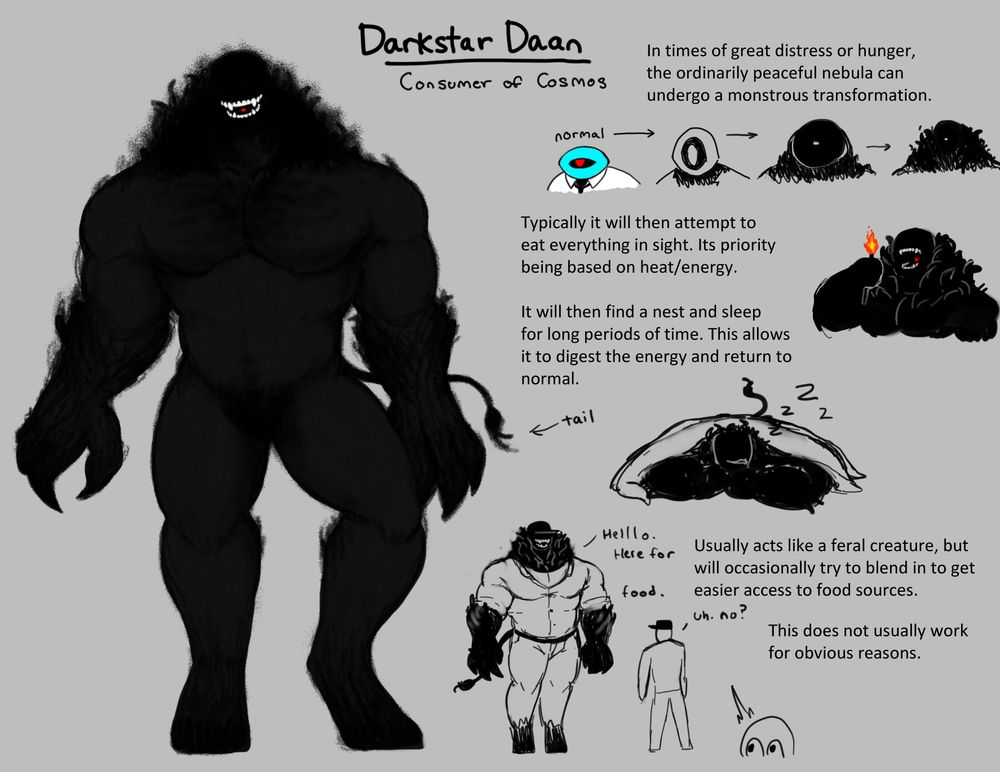 A large muscular shadow creature with a mane of darkness and a cow tail. Right half explains the origins of the creature.