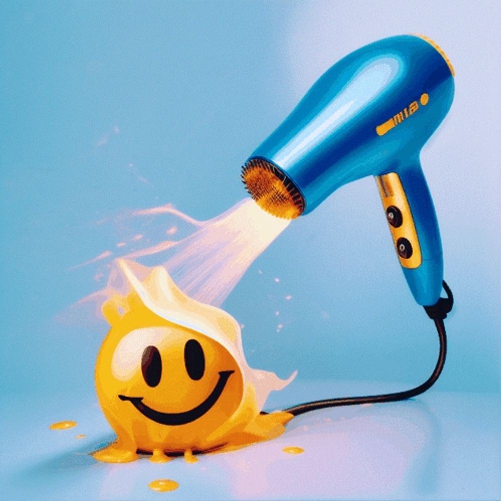 a blue hair dryer with a yellow smiley face on it