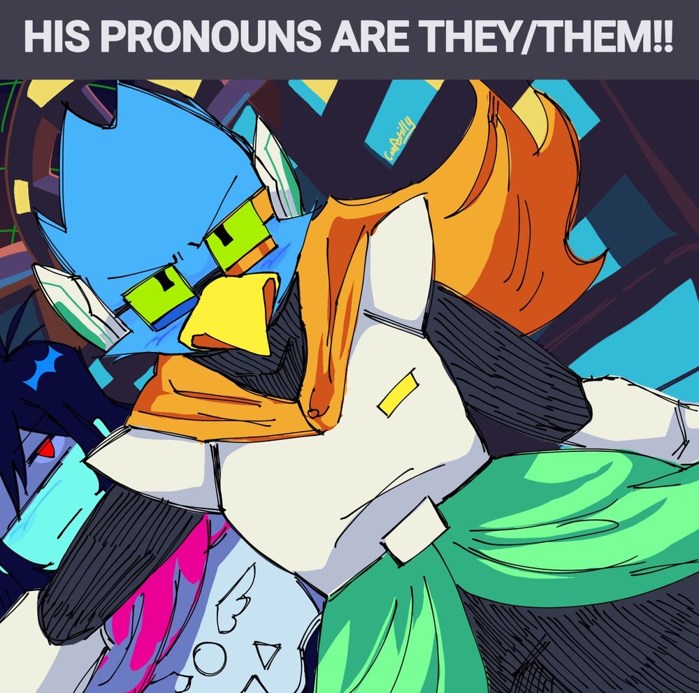 Fanart by confetilly of Berdly facing the viewer while protecting Kris. He says "HIS PRONOUNS ARE THEY/THEM!!"