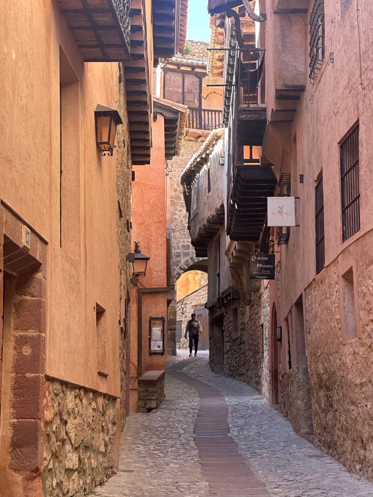 Filtered sun lights a narrow, twisting lane way of cobblestone; pink and peach coloured plaster and stone walls, arched passageways. 