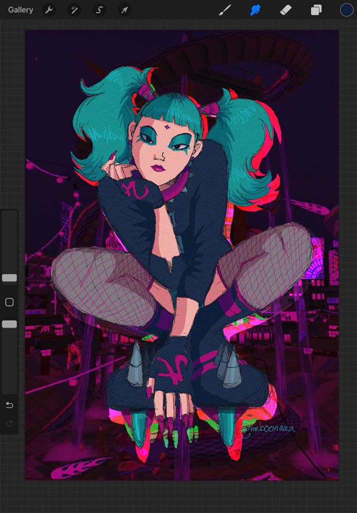 an illustration of a Rapid 99 member from Jet Set Radio Future. She’s kneeling down with a neutral expression. There’s a distorted image of 99th Street in the background 