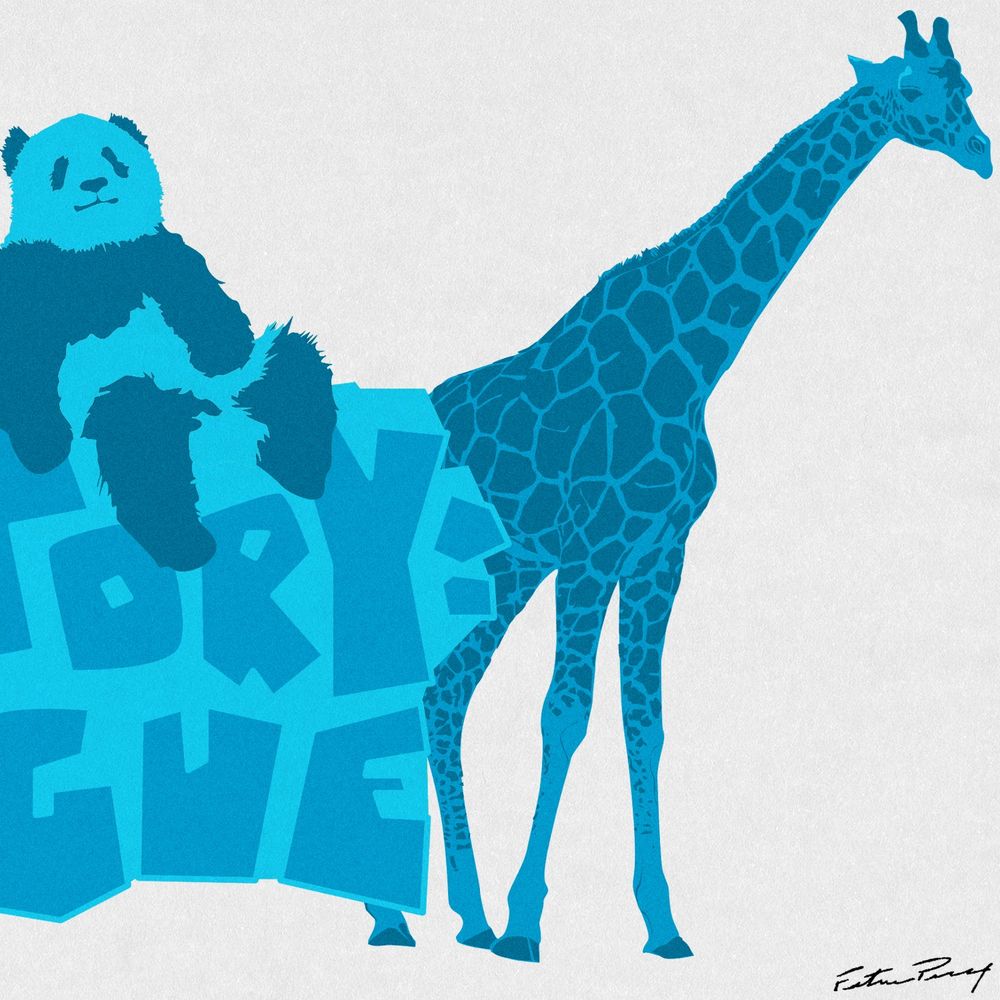 A merch design for a band called Lifestory:Monologue, it's a monochromatic blue design on a white background featuring meerkats, a panda and a giraffe. 