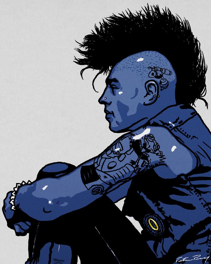 An illustration of a punk sitting down with blue skin and other details as a tribute to Sonic the Hedgehog