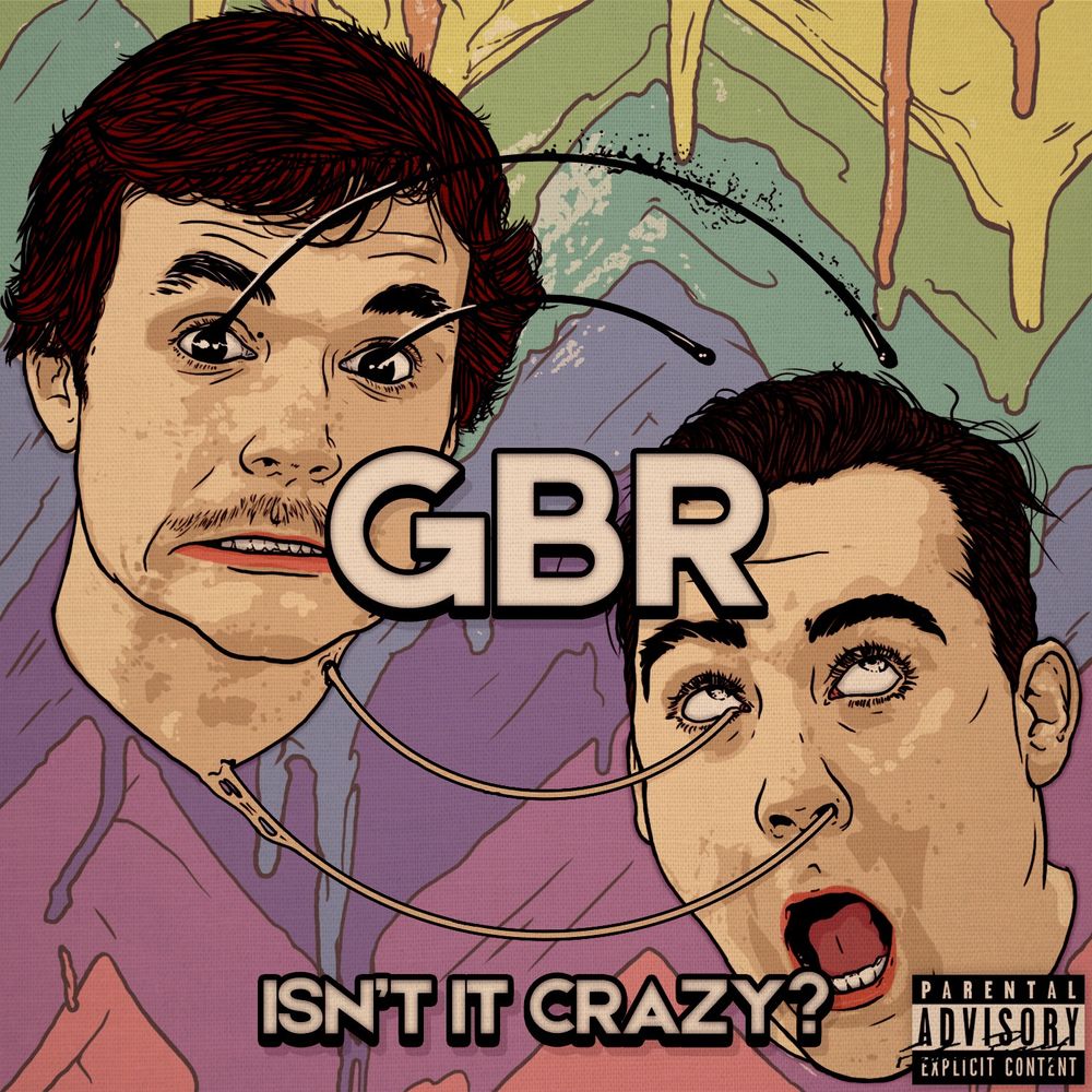 Album cover design featuring two illustrated portraits with surreal elements for the duo GBR