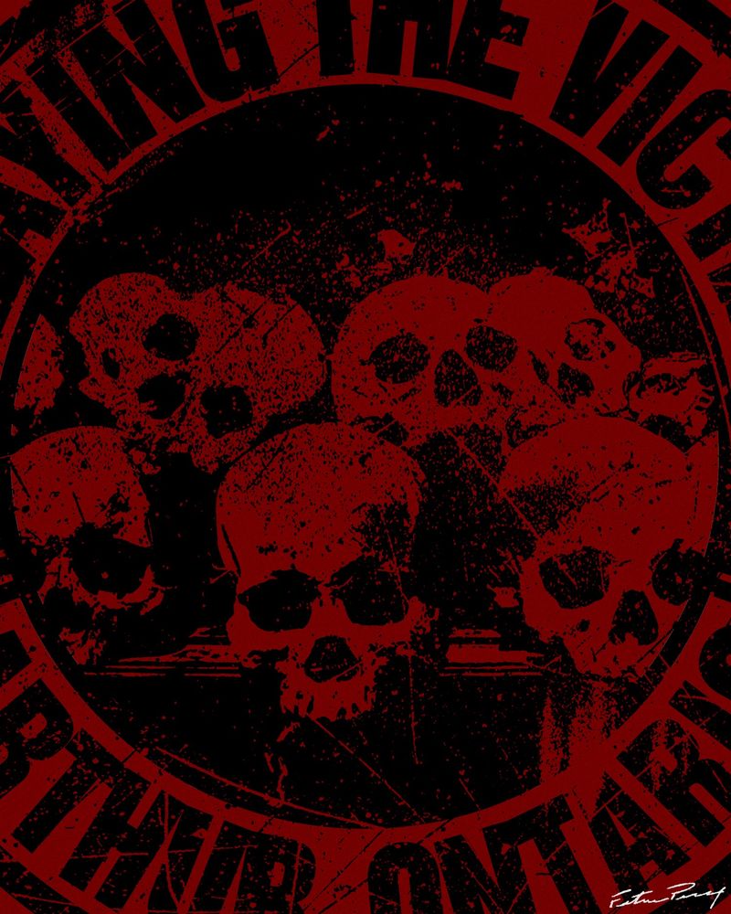 An illustration for the band Playing the Victim's merch featuring skulls 