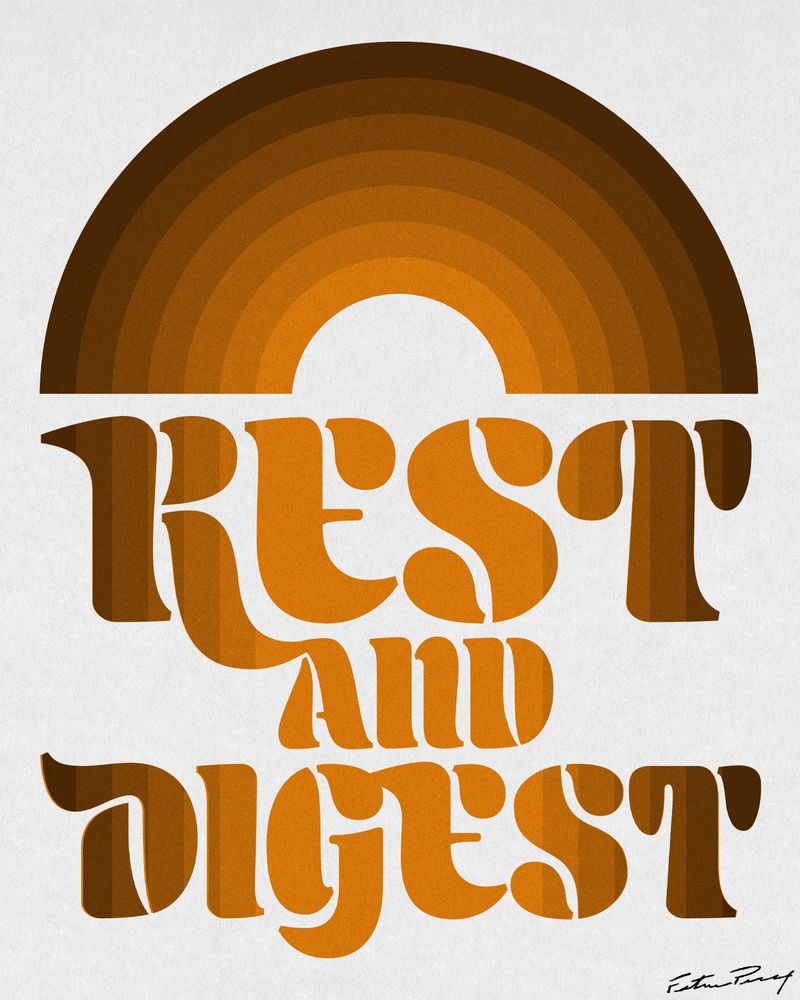 "Rest and Digest" typographic design in esrthtone colours and a monochrome rainbow above it