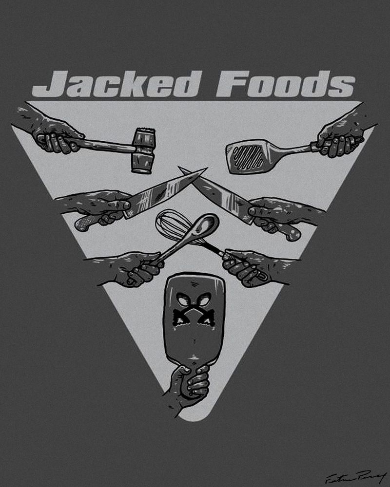An illustration for a catering company's staff shirts. They're called Jacked Foods and the light grey design on dark grey background features some tools used in kitchens