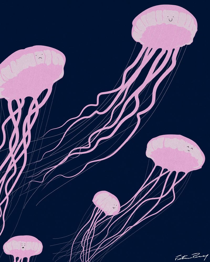 An illustration of pink jellyfish on a navy background with tiny little cartoon faces on them