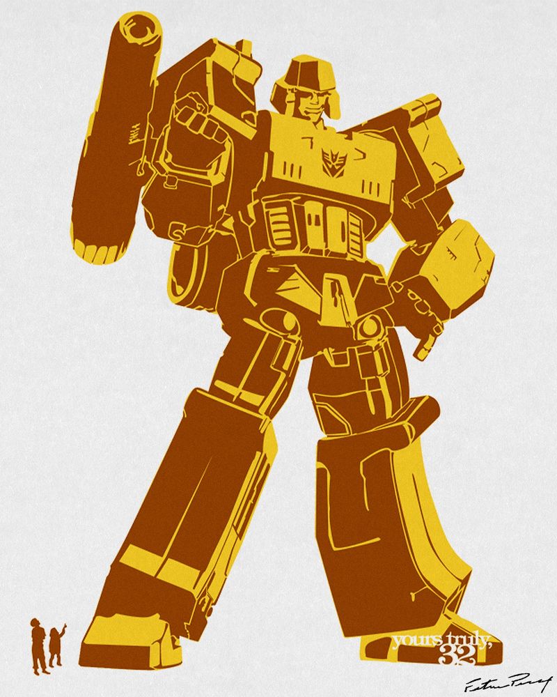 An illustration of Optimus prime with two humans at his foot, showing the scale of how large he is. It's intended to be a stencil, so it's only two colours, yellow and orange. 