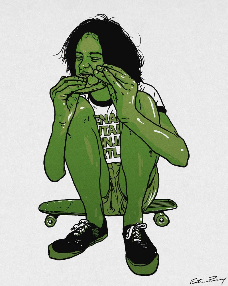 An illustration of someone sitting on a skateboard eating pizza but they're green and wearing a TMNT shirt