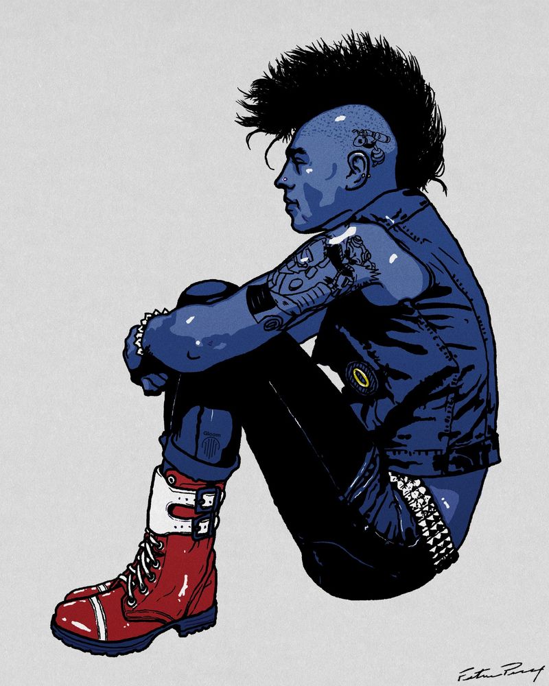 An illustration of a punk sitting down with blue skin and other details as a tribute to Sonic the Hedgehog