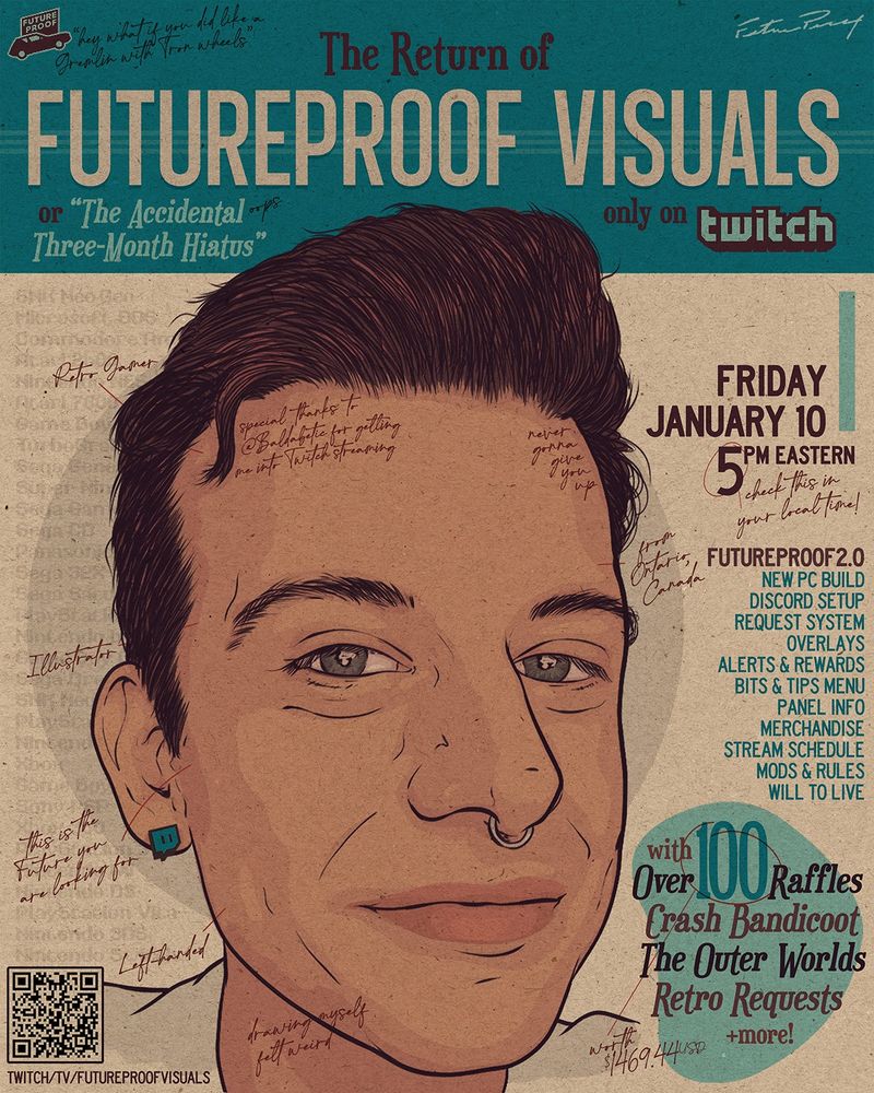 a poster, featuring a portrait illustration of myself, promoting my return to streaming on Friday, January 10th @ 5pm est
