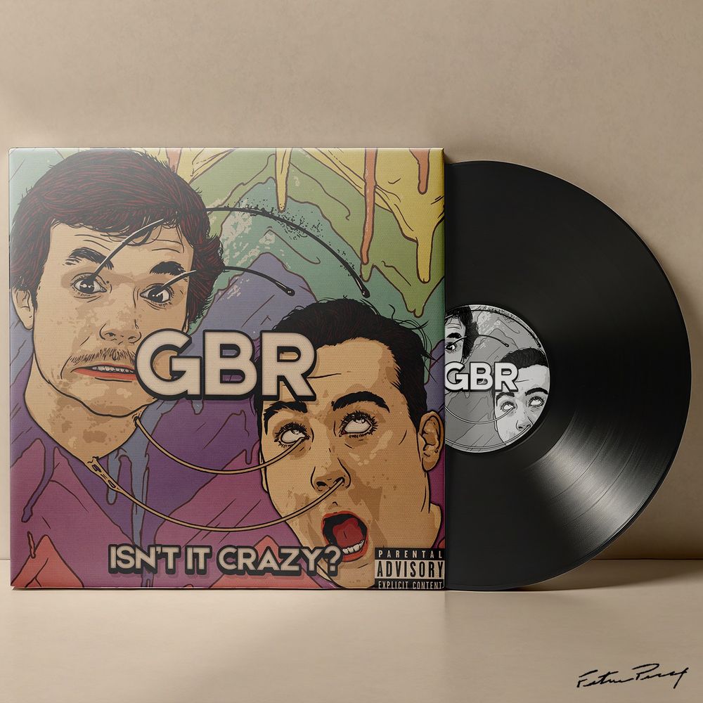 Album cover design featuring two illustrated portraits with surreal elements for the duo GBR