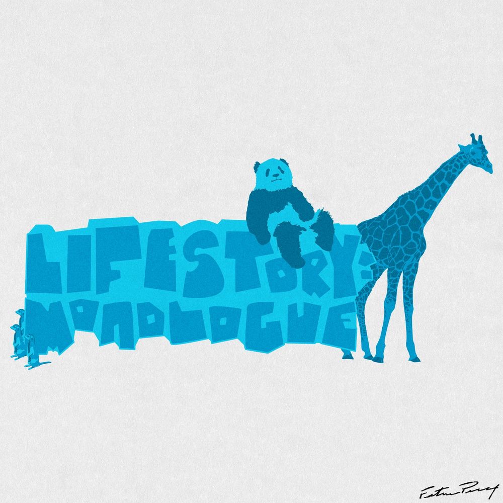 A merch design for a band called Lifestory:Monologue, it's a monochromatic blue design on a white background featuring meerkats, a panda and a giraffe. 