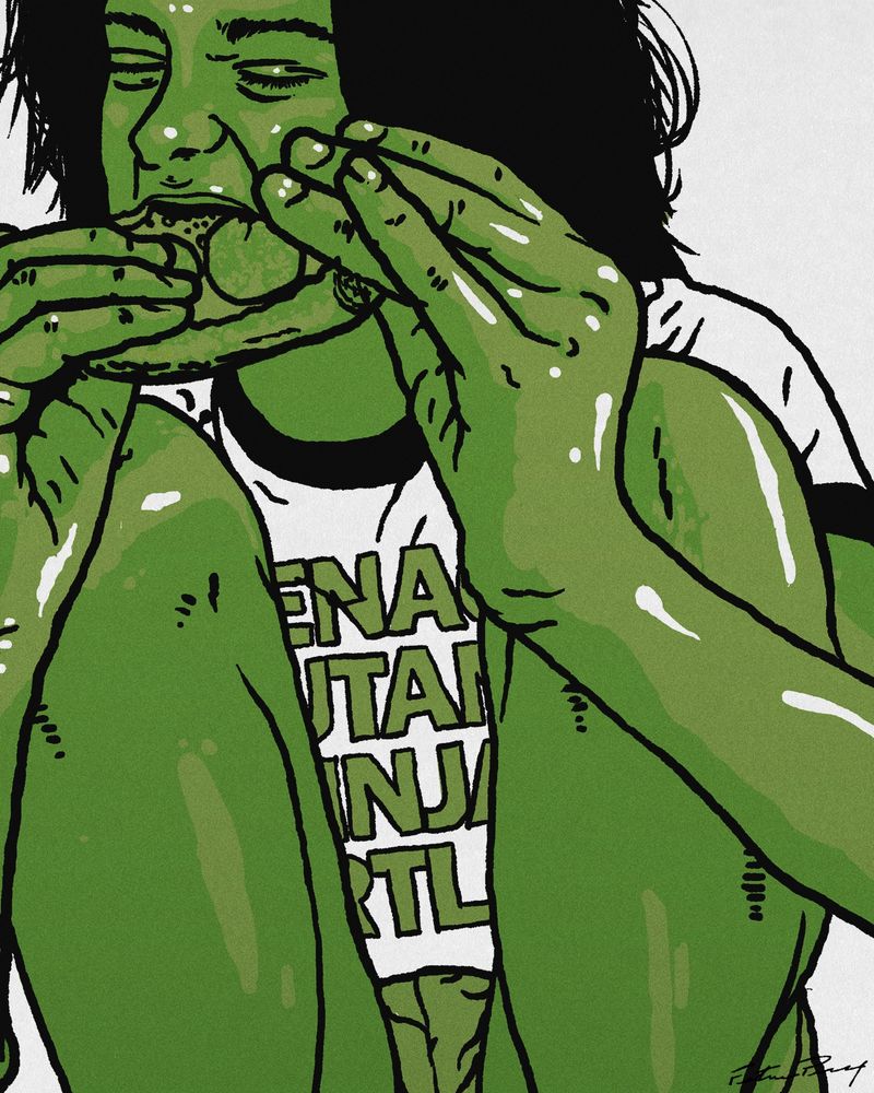 An illustration of someone sitting on a skateboard eating pizza but they're green and wearing a TMNT shirt