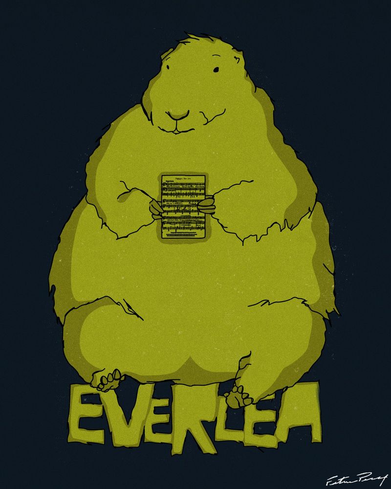 A merch design that's predominantly yellow on a navy background, it's a groundhog holding sheet music for a band named Everlea