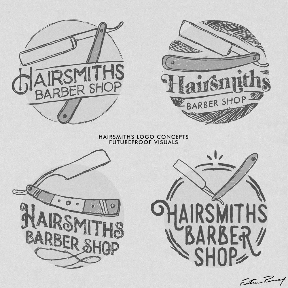 Four logo concepts for a barber shop feature straight razors