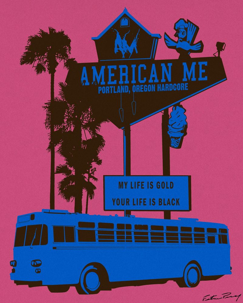 Illustration for band American Me featuring a tour bus and a hotel sign, predominantly blue and brown on hot pink