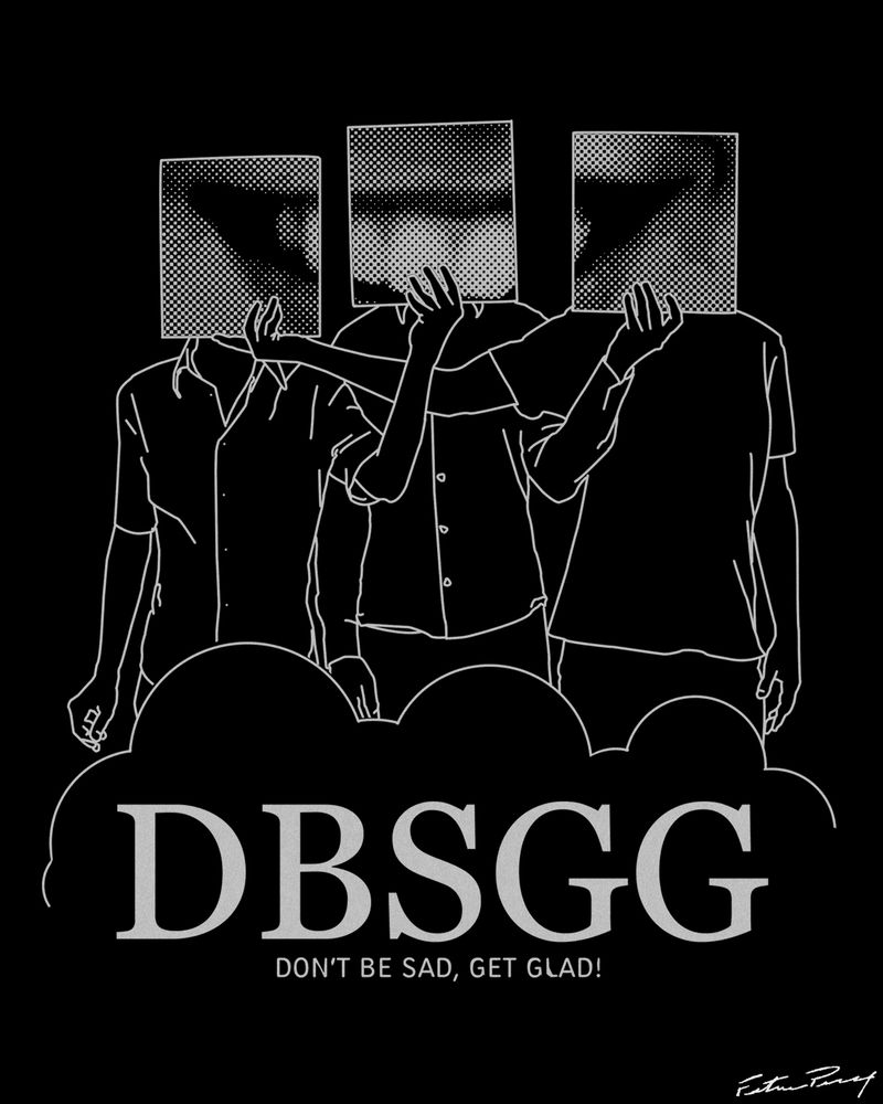 A black and white apparel illustration of three people holding signs infront of the othess' faces, with the signs creating a halftone image of a smile when combined