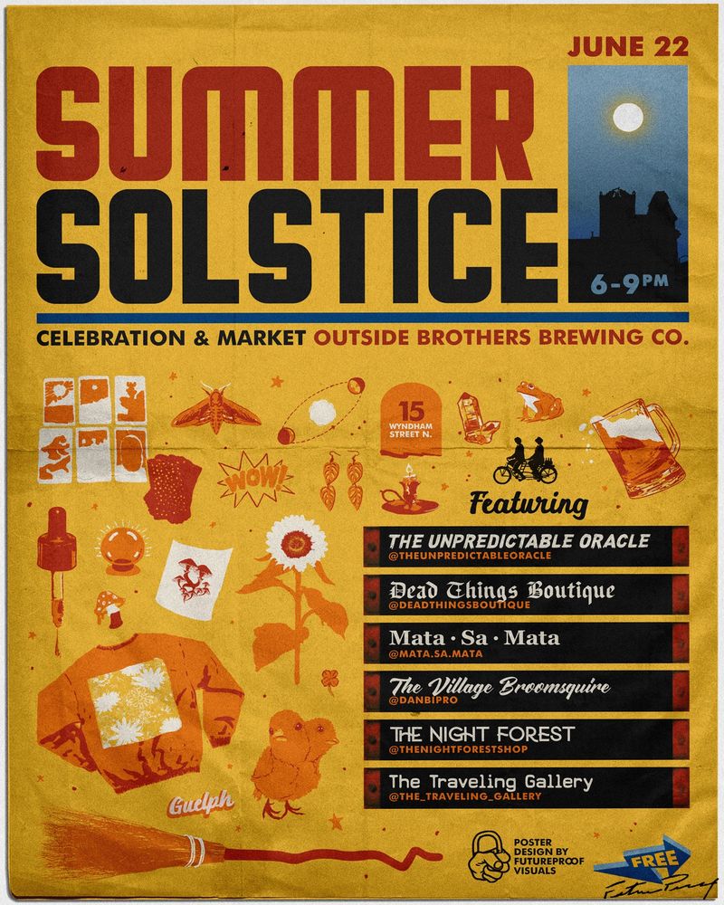 A summery bright poster for a summer solstice market featuring the vendors and their wares illustrated. 
