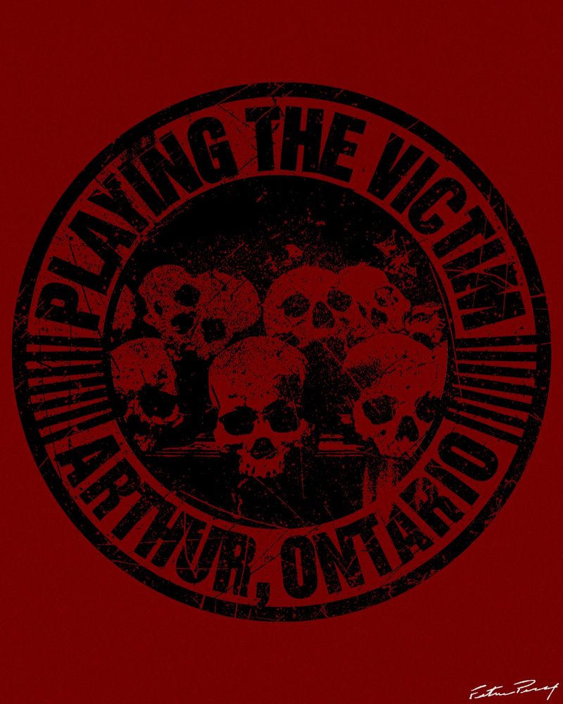 An illustration for the band Playing the Victim's merch featuring skulls 