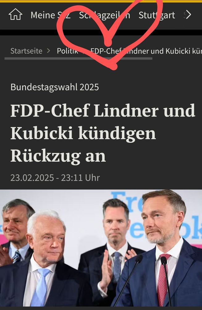 Titel ein Beitrags in der Stuttgarter Zeitung "FDP-Chef Lindner und Kubicki kündigen Rückzug an"
