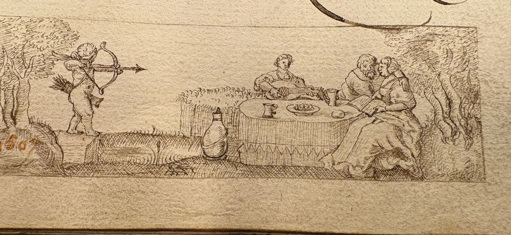 
Pentekening van Cupido en een etend koppel