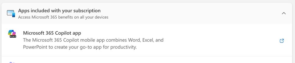 Screenshot from my Microsoft subscription management page that shows the drop-down menu for "Apps included with your subscription" and at the top is "Microsoft 365 Copilot app"