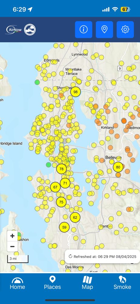 Screenshot of the smoke levels around the greater Seattle metro area. Ranging from 59 to 98, they’re not ideal!!
