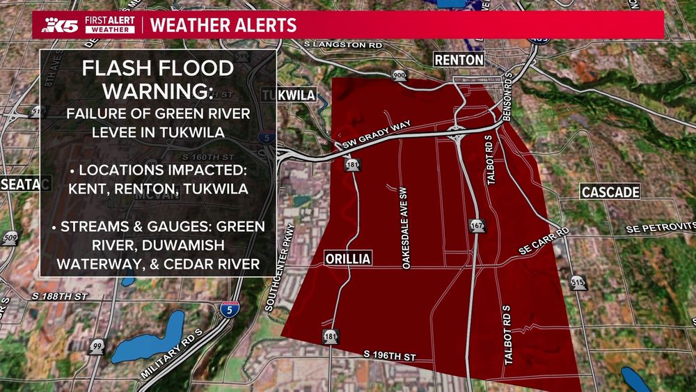 Image depicting flash flood warning area spanning Kent, Renton, and Tukwila. Green River, Duwamish Waterway, and Cedar River are at risk.