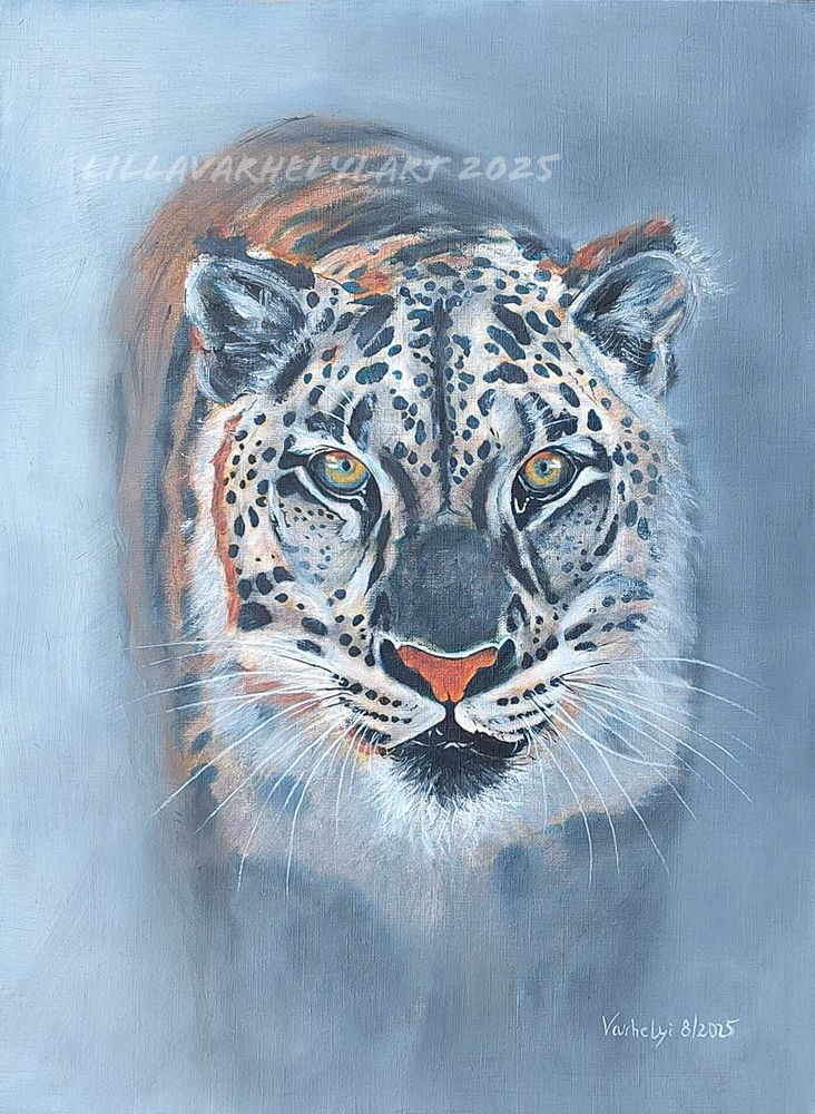 Ölgemälde eines Leoparden,der aus dem Nebel hervortritt.