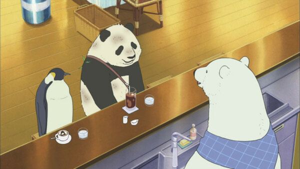 a polar bear bartender serving drinks to a panda & a penguin (Shirokuma Cafe)