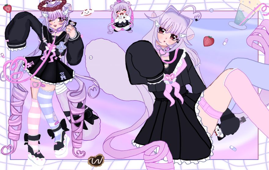 a work in progress illustration of amelie valentine, a ferret cupid vtuber. there is a fullbody and an unrendered calf-up. many cute items can be seen in the background.