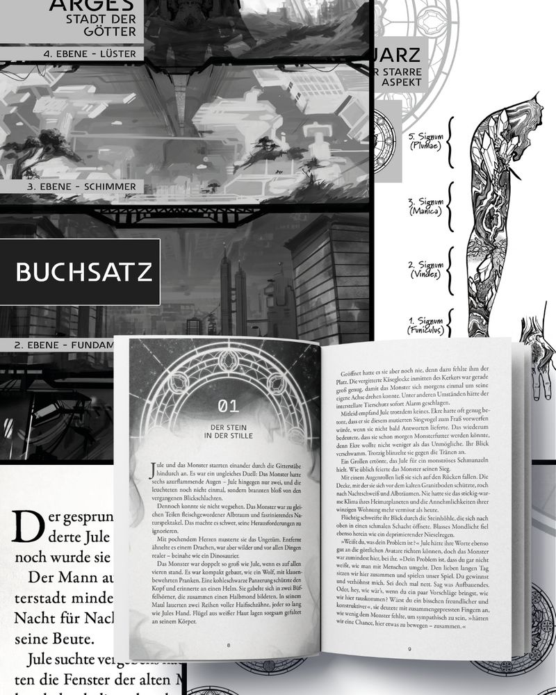 Das Bild zeigt die Details des Buchsatzes, darunter die Kapitelzierde, die Karte im Inneren, die "magischen Tätowierungen". Links steht "Buchsatz".